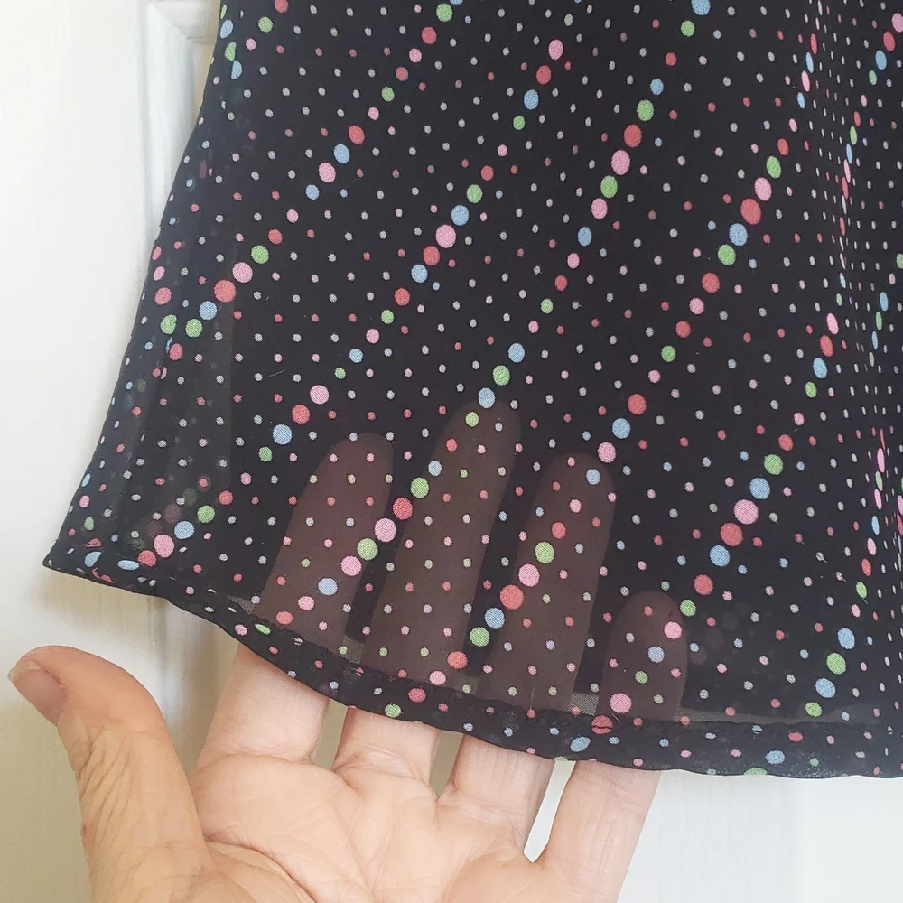 Vintage 90's Polka Dot Slip Skirt Black Pastel A‑Line Sheer Lined Retro | SMALL